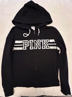 PINK Victoria's Secret Black Hoodie with White Drawstrings and Logo